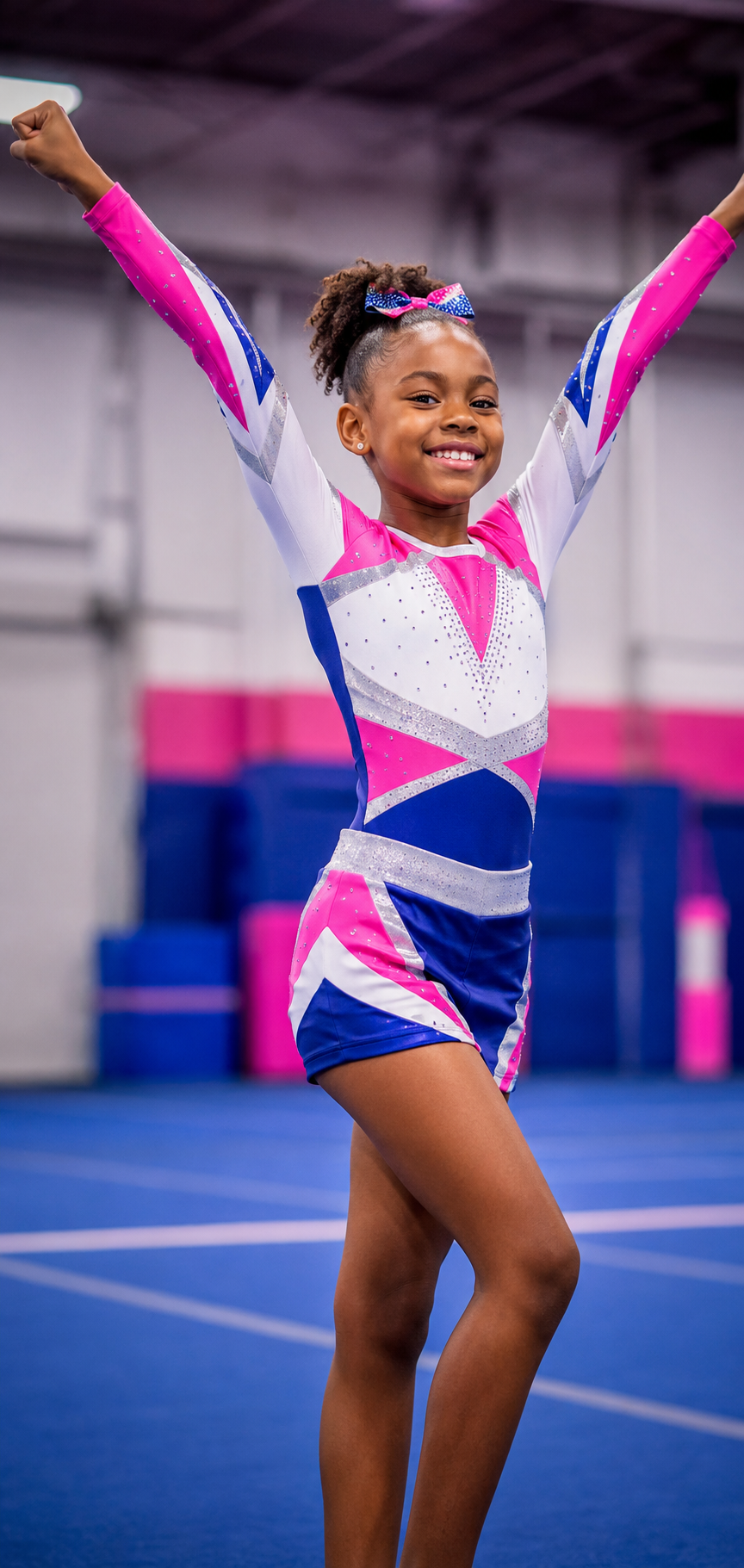 Young competitive cheer athlete posing confidently in a pink, royal-blue, white, and silver uniform